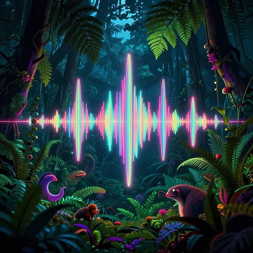 Digital artwork of a vibrant, neon-lit forest with colorful, glowing vertical lines resembling an ECG heartbeat, surrounded by lush green ferns and exotic