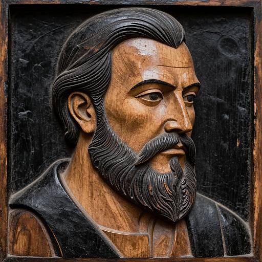 Wooden relief carving of a bearded man with a serious expression, dark hair, and detailed facial features, set against a black background.
