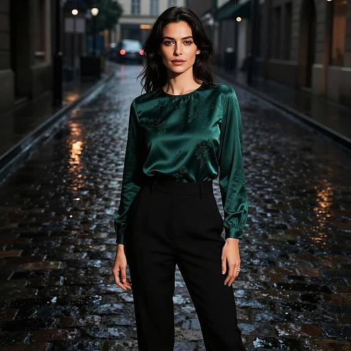 Confident Woman in Emerald Silk Blouse on Wet Cobblestone Street