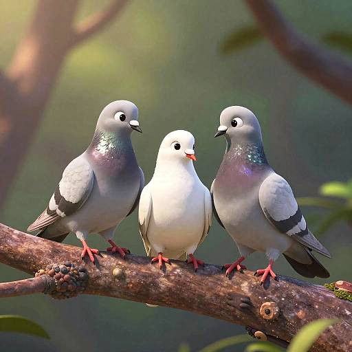 Photograph of three colorful doves with iridescent feathers, perched on a tree branch, set against a softly blurred green background.