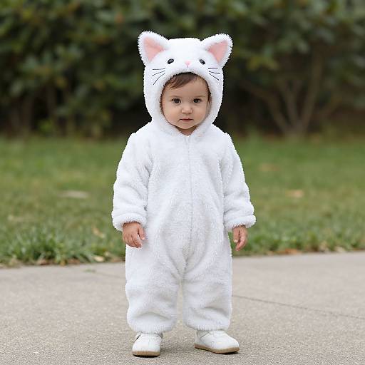 Photograph of a cute toddler in a white, fluffy cat onesie with pink ears, standing on a concrete path, with green grass and bushes in