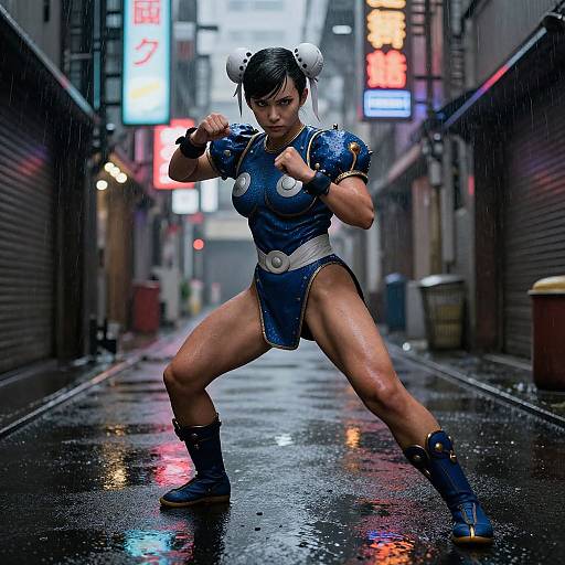 Photorealistic CGI of Chun-Li in blue qipao, fighting stance on wet, neon-lit urban alley at night, rain visible.
