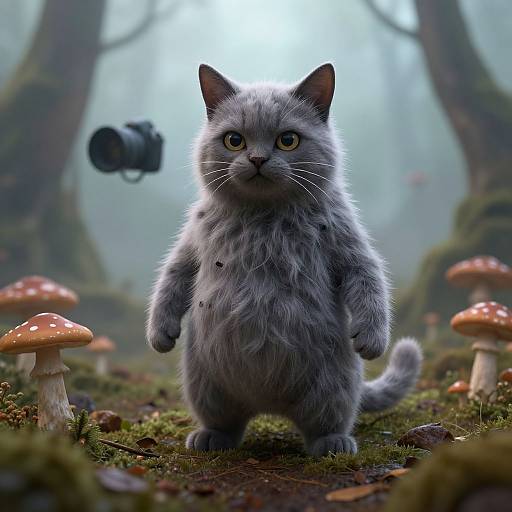 Digital artwork of a fluffy gray kitten standing on hind legs in a misty forest, surrounded by mushrooms, with a flying camera in the background.