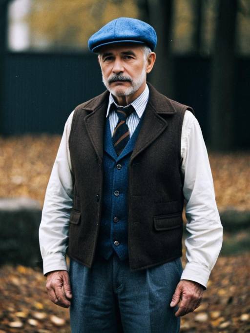 Elderly Man in Vintage Outfit with Blue Cap