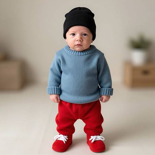 Photograph of a realistic baby doll with light skin, wearing a black beanie, light blue knitted sweater, red pants, and red shoes with