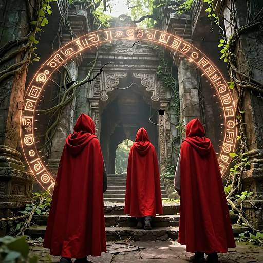 Three robed figures in red cloaks stand before a glowing, circular neon arch in a dark, overgrown ancient temple. Photorealistic digital art