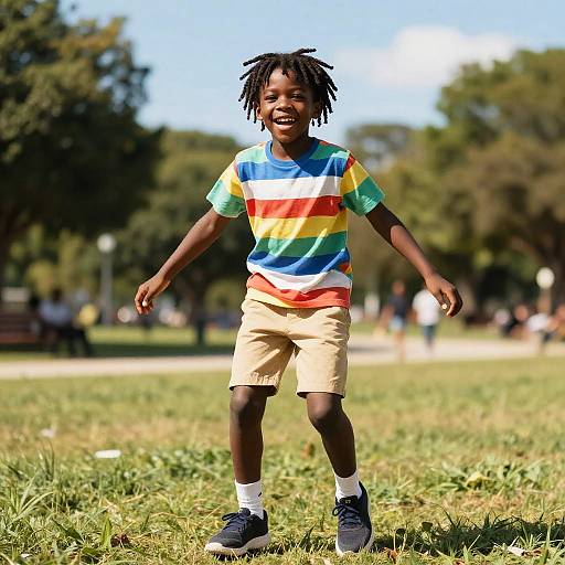Photograph of a smiling Black boy with dreadlocks, wearing a rainbow-striped shirt, beige shorts, and blue sneakers, standing on grass in a sunny