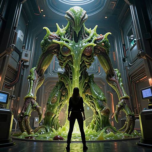 CGI sci-fi image: Silhouetted figure stands before a towering, neon-green, alien-like creature with tentacles and glowing eyes in a