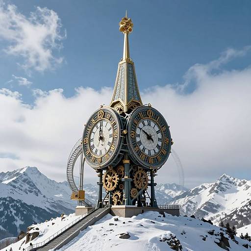 Photograph of a large, ornate, golden clock tower with two clocks, set on a snowy mountain peak, under a blue sky with clouds.