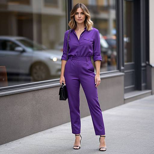 Photograph of a woman with wavy brown hair, wearing a vibrant purple jumpsuit, black heels, and a black handbag, standing confidently on
