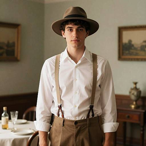 Photograph of a young man with curly hair, wearing a brown fedora, white shirt, brown suspenders, and high-waisted pants,