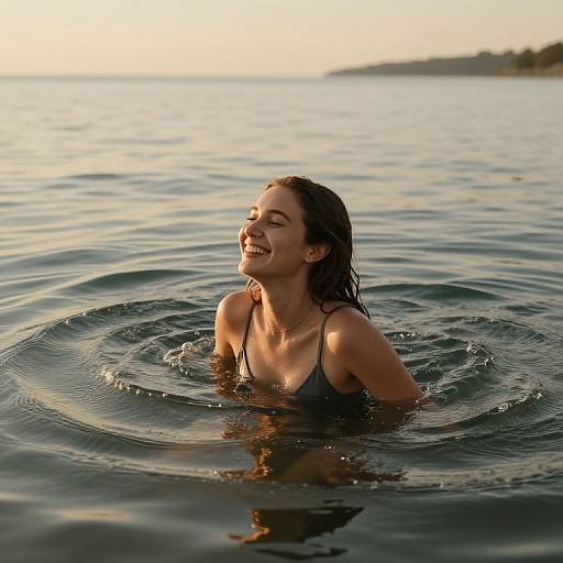 Photograph of a smiling young woman with wet, dark brown hair, wearing a black bikini, enjoying a sunset in calm ocean waters.