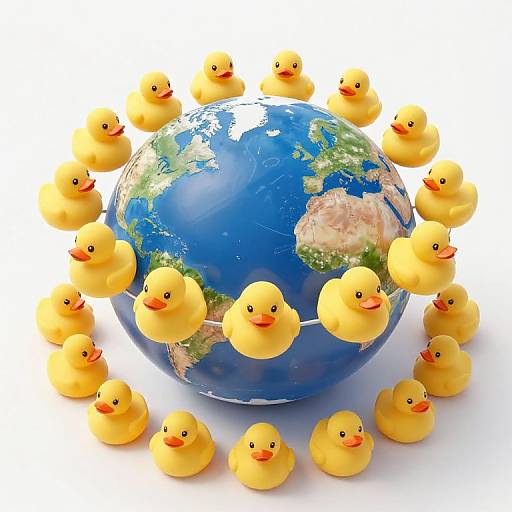 Photograph of a blue Earth globe surrounded by a circle of yellow rubber ducks with red beaks, floating on a white background.