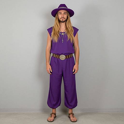 Photograph of a young man with long blonde hair, beard, wearing a purple outfit, hat, and belt, standing against a plain white background.