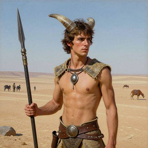 Photograph of a young, shirtless, muscular man with brown hair, horned headgear, holding a spear, in a desert with camels