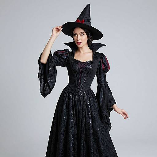 Photograph of a pale-skinned woman in a black, Victorian-style witch dress with puffed sleeves, and a pointed hat, against a white background