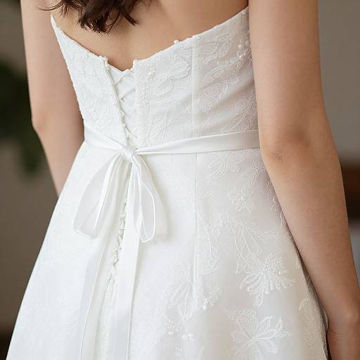 Photograph of a woman's upper body in a white, strapless, lace-embellished wedding dress with a bow at the back.