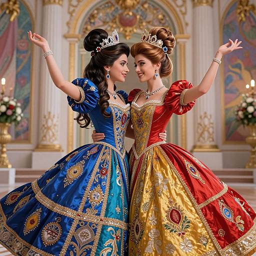Digital illustration of two elegant, fair-skinned princesses in ornate blue and red dresses, tiaras, and jewelry, dancing in a luxurious,