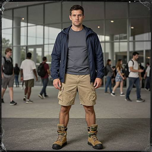 Photograph of a muscular man with short dark hair, wearing a navy jacket, gray t-shirt, beige shorts, and tan boots, standing in a
