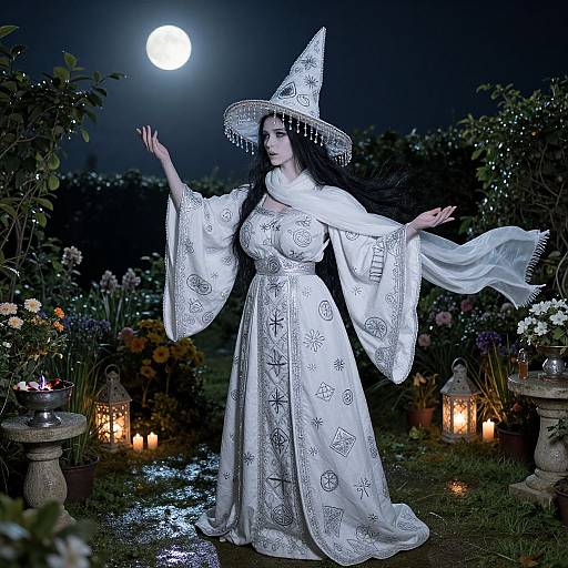 Photograph of a fair-skinned witch with long black hair, wearing a white, moon-embellished dress and hat, under a full moon