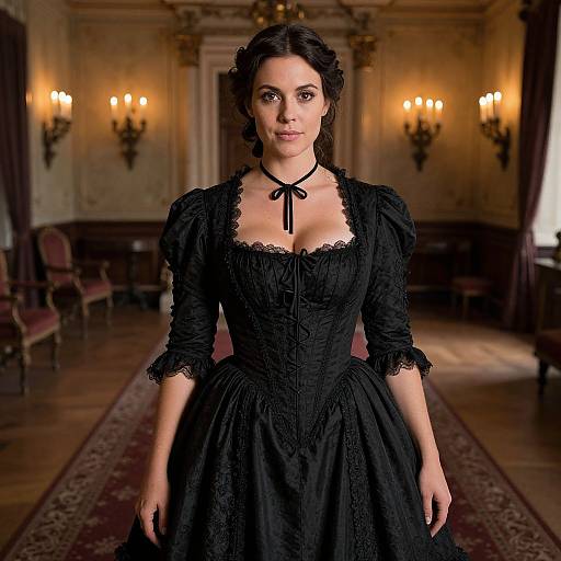 Photograph of a dark-haired woman in a Victorian-style black lace dress with puffed sleeves, standing in an ornate, warmly lit room with ch