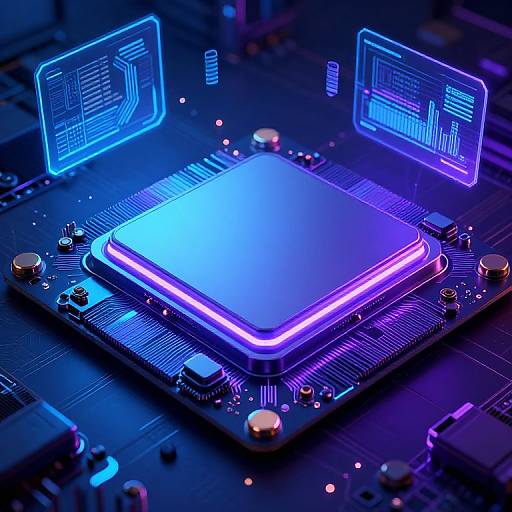 Photorealistic CGI of a glowing blue and purple CPU chip with neon accents, surrounded by electronic circuitry and holographic screens.