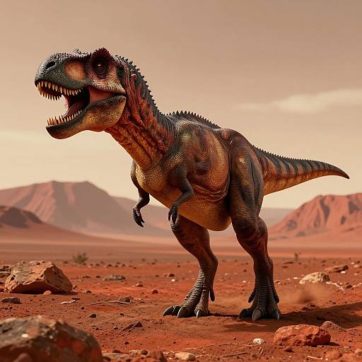 Photorealistic CGI of a fierce, detailed, dark-scaled, toothy velociraptor standing in a red, rocky desert landscape with distant mountains