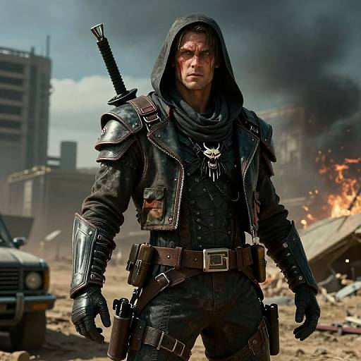 Photograph-style CGI of a rugged, determined man in dark, armored hooded attire with a sword on his back, standing amidst a war-torn