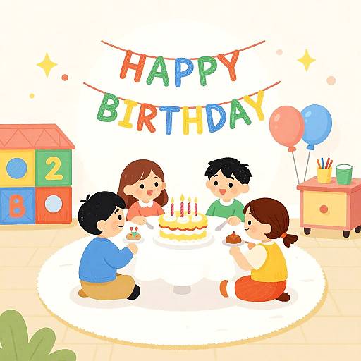 Digital illustration of four children celebrating a birthday with a decorated cake, colorful 