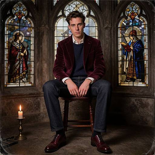 Photograph of a young man with dark hair, wearing a maroon velvet blazer, dark sweater, and jeans, sitting in a dimly lit