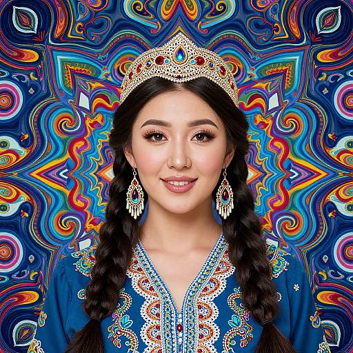 Photograph of an Asian woman with long braids, wearing a detailed blue embroidered dress, tiara, and earrings, against a vibrant, psychedelic mand