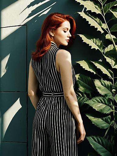 Redheaded Woman in Pinstripe Jumpsuit