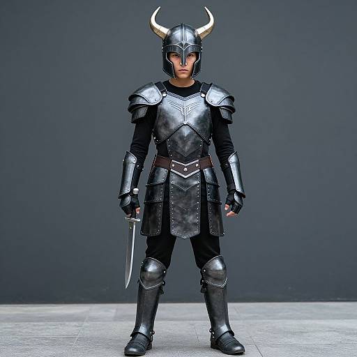 Photograph of a serious young person in full black Viking-style armor with horns, holding a sword, standing against a dark gray background.