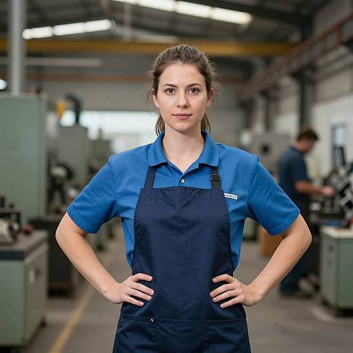 Photograph of a confident, brown-haired woman in a blue shirt and black apron, standing hands on hips in a busy industrial workshop. Background blurred
