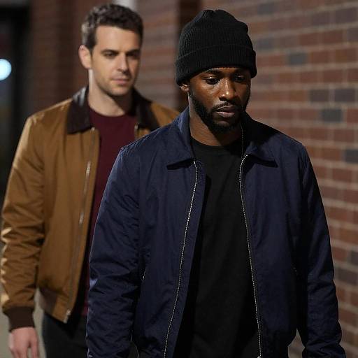 Two men walking at night in urban setting