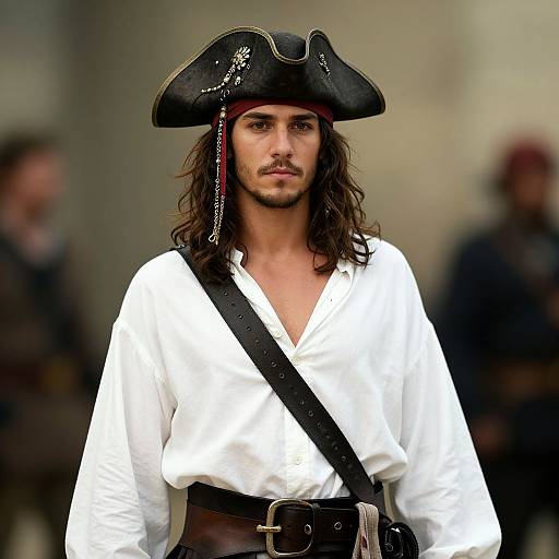 Photograph of a young man with long brown hair, wearing a black pirate hat with gold embroidery, white shirt, black sash, and brown belt