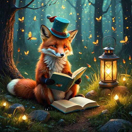 Whimsical Fox Reading in a Lantern Glade Whimsical Fox Reading in a Lantern Glade