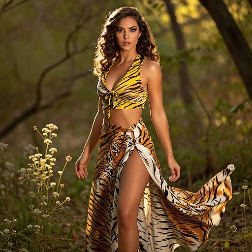 Photograph of a woman with long, wavy brown hair, wearing a yellow and black tiger-print halter top and matching skirt with a high slit