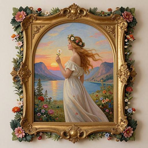 Romantic painting of a blonde woman in a white dress, holding a flower, in a sunset lake landscape, framed with ornate gold floral frame.