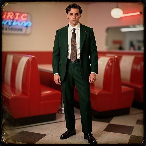 Photorealistic CGI of a young man in a black suit, white shirt, and patterned tie standing in a vintage red and white diner. Neon