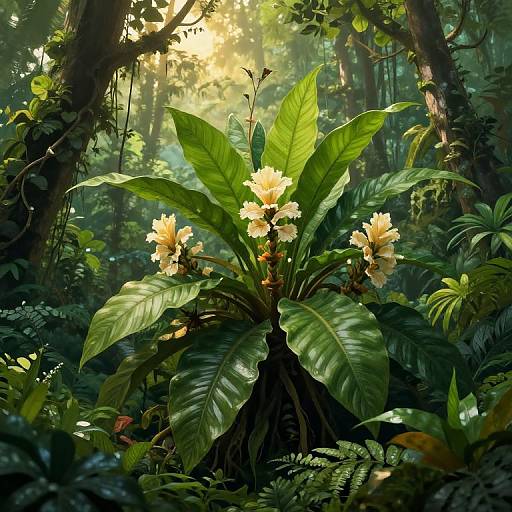 Photorealistic digital artwork of a lush forest scene featuring a vibrant, yellow-flowered plant with large, glossy green leaves, bathed in sunlight filtering