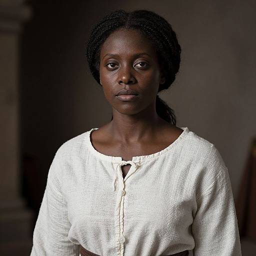 Photograph of a serious, dark-skinned African woman with straight black hair, wearing a white, long-sleeved, buttoned blouse, against
