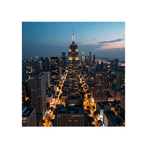 Photograph of New York City's skyline at dusk, showcasing the illuminated Empire State Building with city lights and darkening sky.