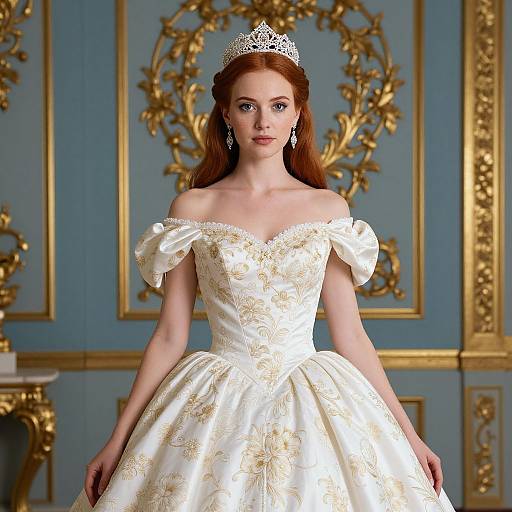Photorealistic CGI of a fair-skinned, red-haired woman in an off-shoulder white floral ballgown, silver tiara, and