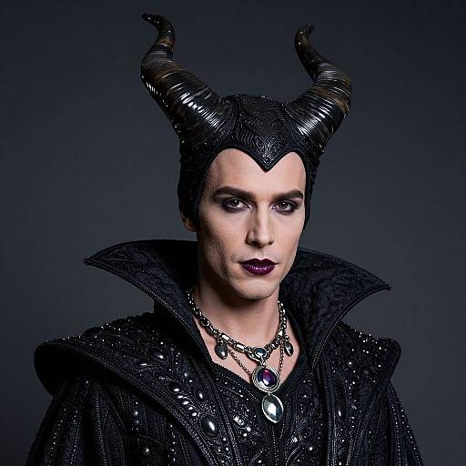 Photograph of a pale-skinned woman with dark makeup, black horned headpiece, and high-collared black lace dress, adorned with silver