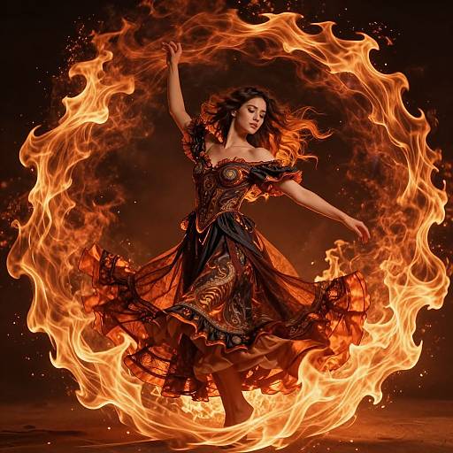 Photograph of a dark-haired woman in an ornate black and red dress, dancing amidst a vibrant, circular fire against a dark background.