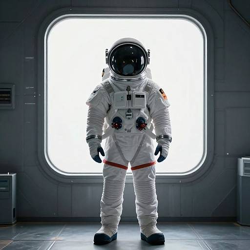 Photograph of a solitary astronaut in a white spacesuit, standing in front of a brightly illuminated rectangular window in a gray, futuristic room.