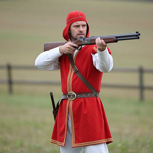 Photograph of a bearded man in red Renaissance-style tunic and white shirt, aiming a double-barreled rifle outdoors, with a black sword