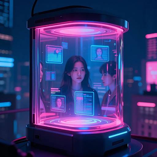 Digital artwork of three people in a neon-lit, cylindrical futuristic pod with holographic screens, set against a cityscape at night.