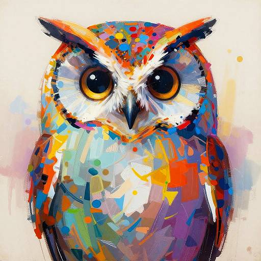 Digital painting of a colorful owl with large, expressive black eyes and vibrant, abstract splashes of orange, blue, white, and red.
